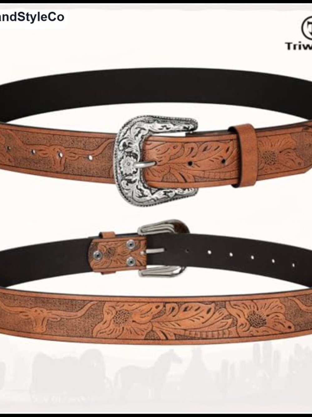 Vintage Western Belt with Engraved Buckle for Women Men PU Leather - Picture 4 of 6